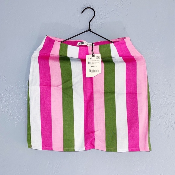 Zara Strip Linen Blend Pink Green Mini Skirt Size XS - Picture 2 of 8